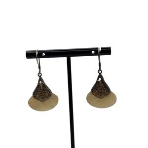 Drop Earrings Ornate Silver Tone Filigree Fan‎ Faux Stone Costume Jewelry